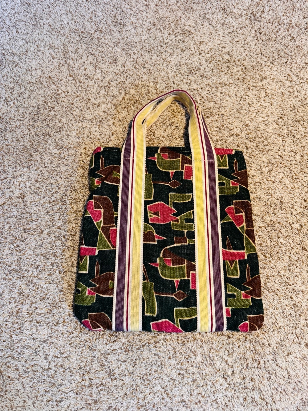 Vintage MARNI Canvas Patterned Tote Bag in Black, Olive & Burgundy